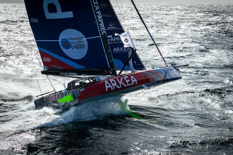 IMOCA 60 Arkea Paprec foiling, aerial view